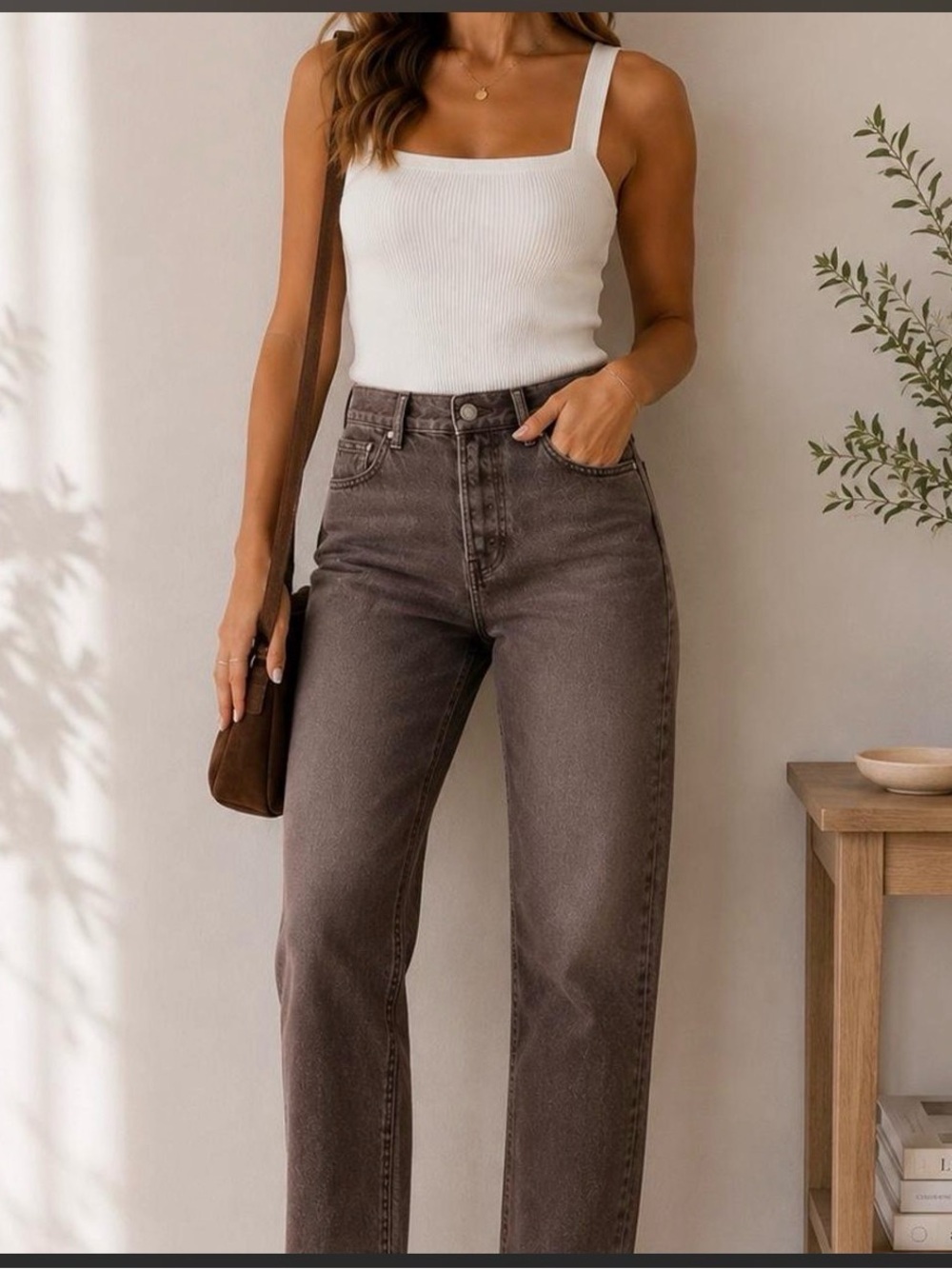 PacSun High-Rise Straight Jeans in Washed Brown Frayed Hem 25